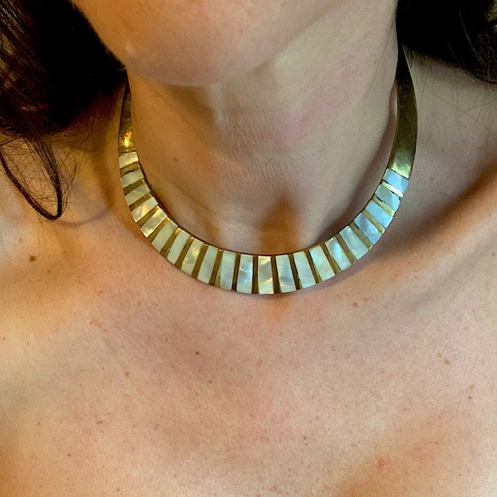 Incredible brass and mother of pearl, vintage collar choker